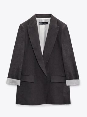 Zara Linen Blend Open Front Oversized Black Blazer size Small
